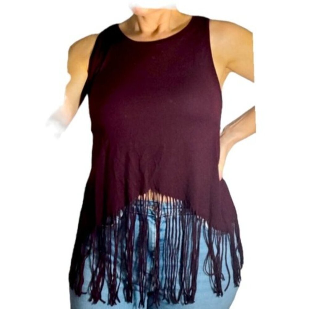 BERSHKA Europe- A Waist Tassle Tank Top- Bergundy- Size S